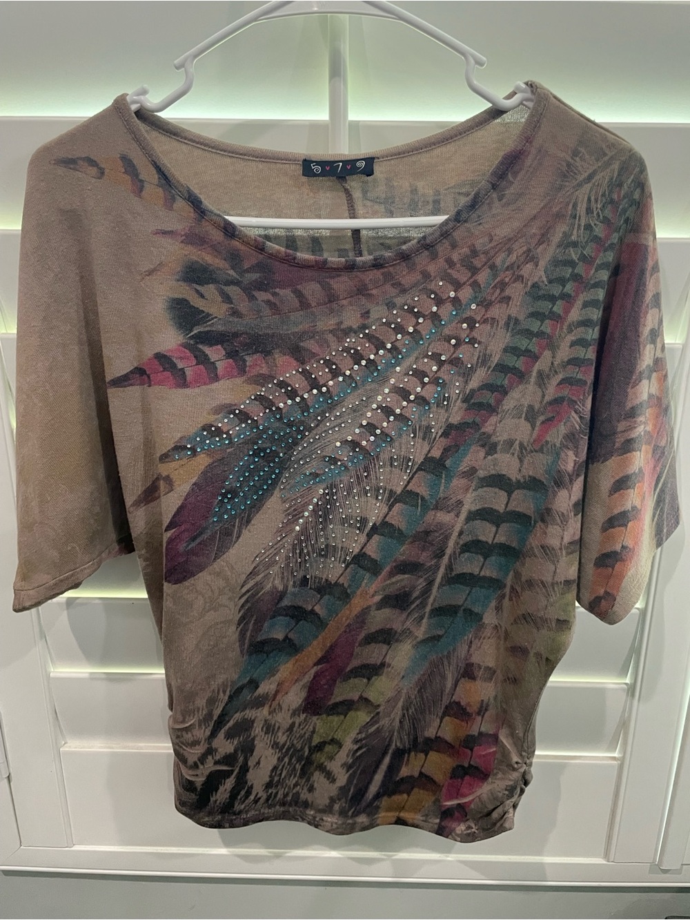 Boho Feather Print Short Sleeve Top - Taupe with Multicolor Accents